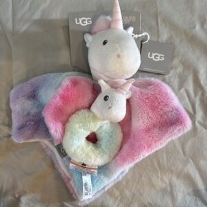 NWT UGG Plush Polar Tie Dye UNICORN Lovey Rattle Gift Set Security Blanket